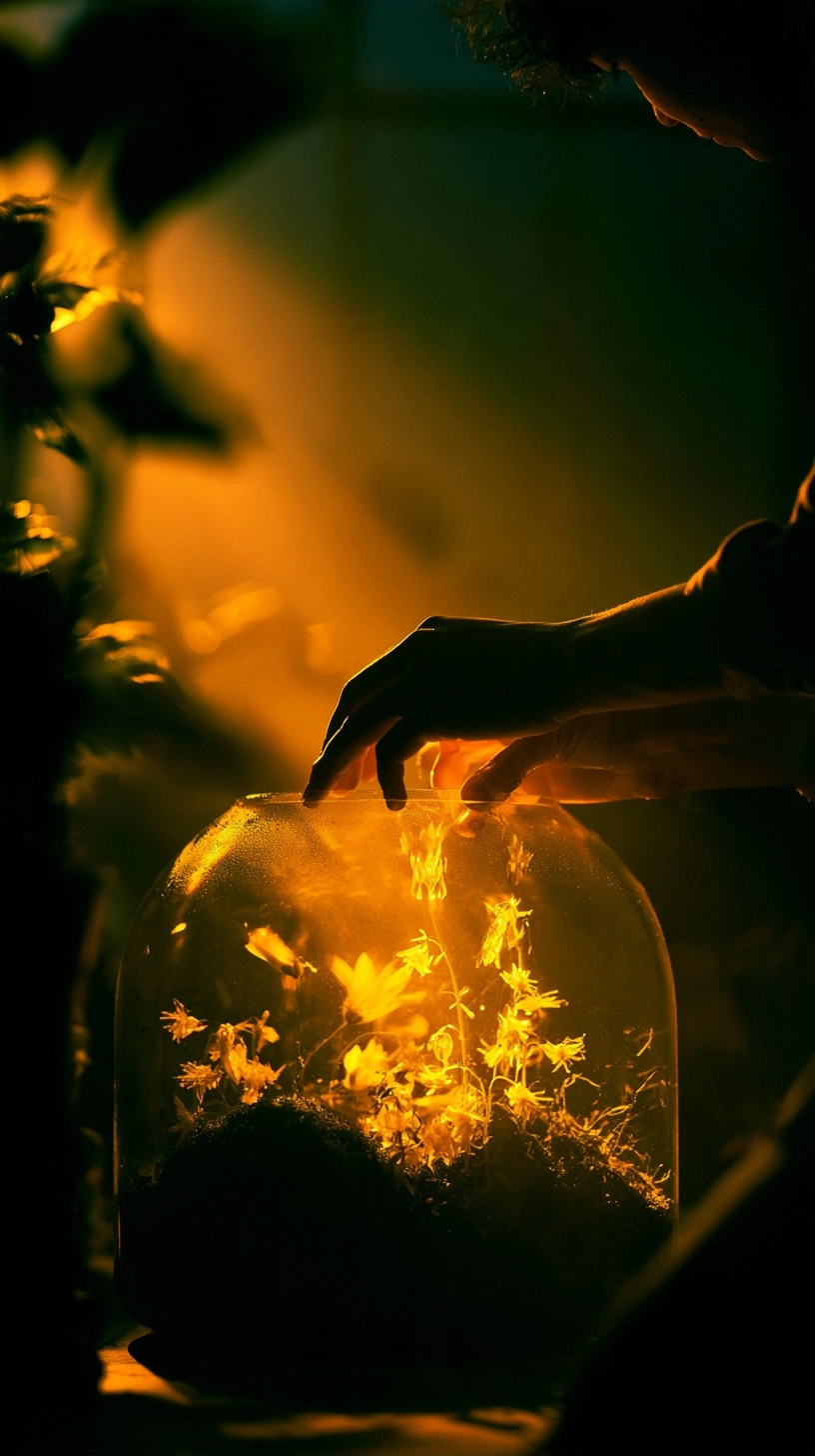 Silhouette of hands reaching toward a luminous glass terrarium with glowing miniature plants.