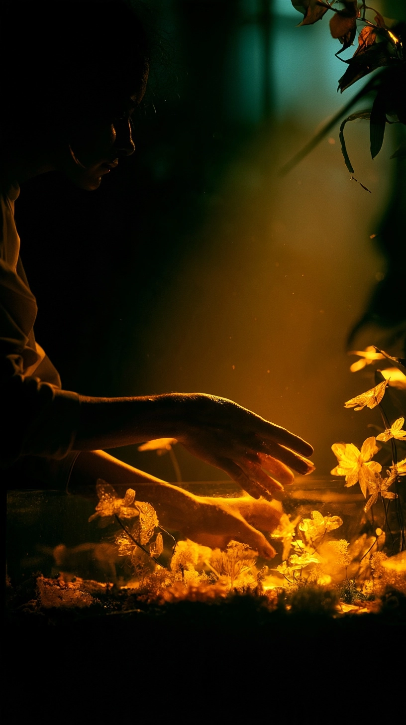 Silhouette of a person reaching toward luminous yellow flowers in a dark, warm-lit environment.