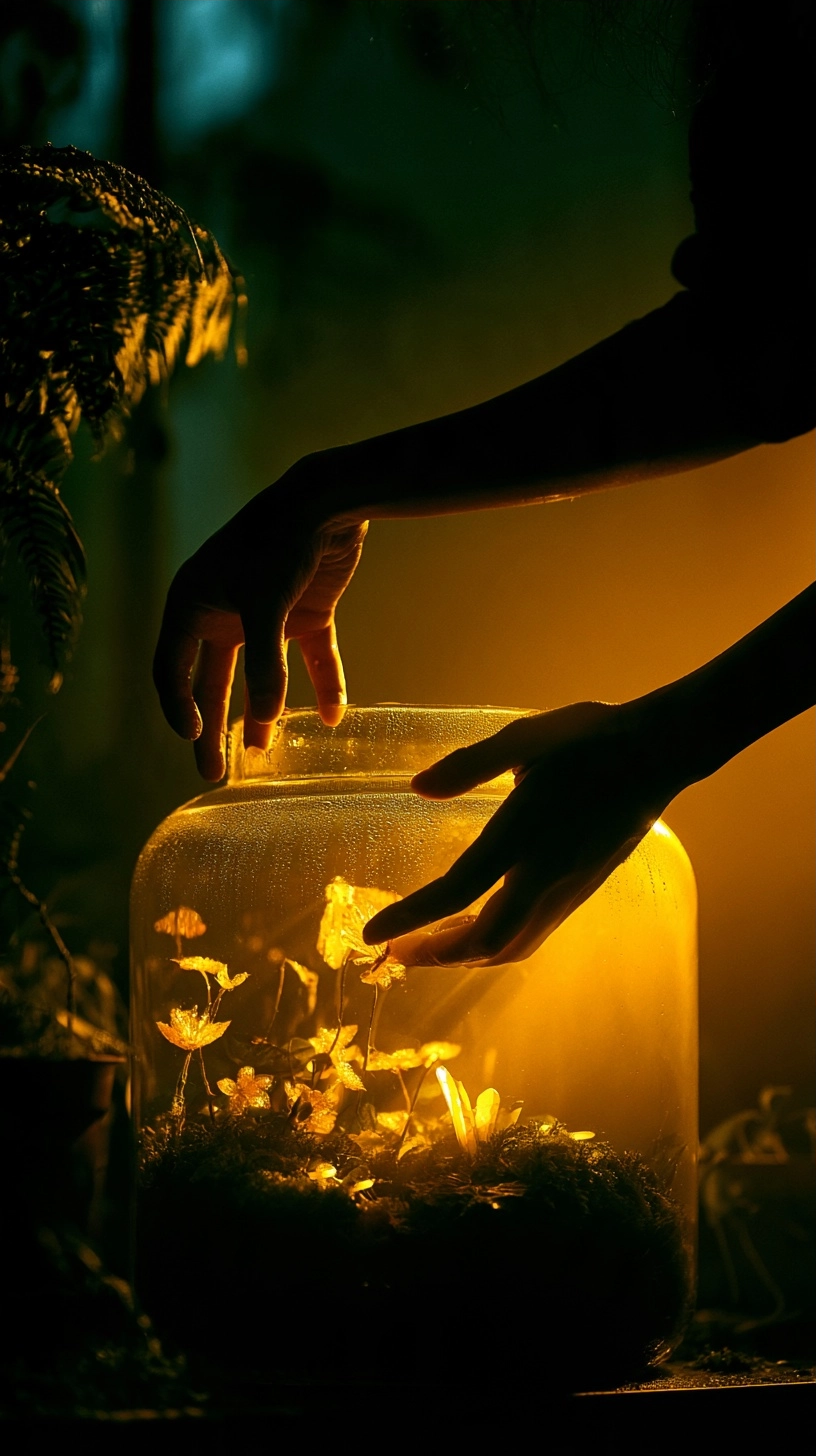 Silhouette of hands reaching toward a luminous glass terrarium containing moss and tiny plants.