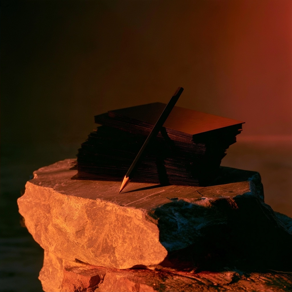 A single pencil leaning against a pile of dark cards on a rugged stone surface under warm light.