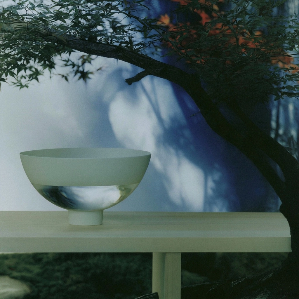 A sleek white ceramic bowl resting on a plain white table with soft tree shadows in the background.