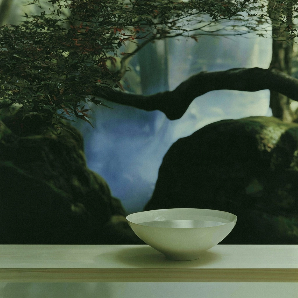 A minimalist white bowl resting on a light surface against a soft, out-of-focus forest backdrop.