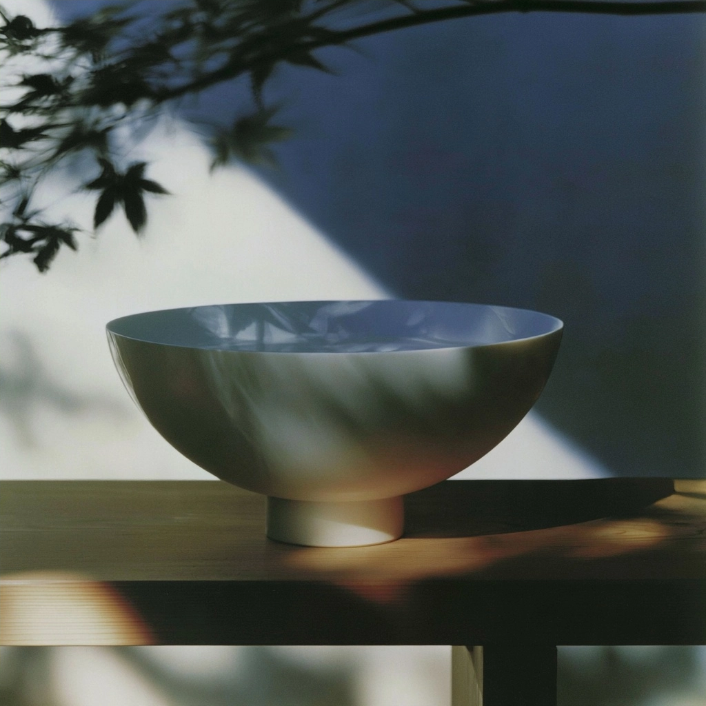 A minimalist white ceramic bowl resting on a wooden table with leaf shadows.