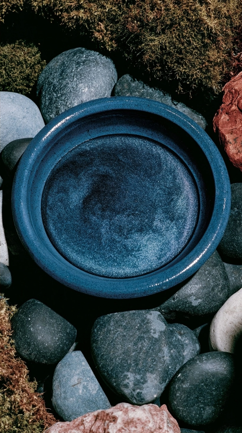 Top view of a dark blue textured bowl filled with water, surrounded by grey pebbles and green moss.