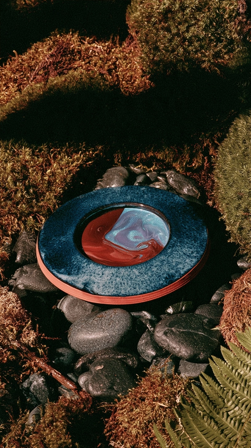 A decorative blue and red swirl patterned ceramic dish nestled in a bed of moss and river stones.