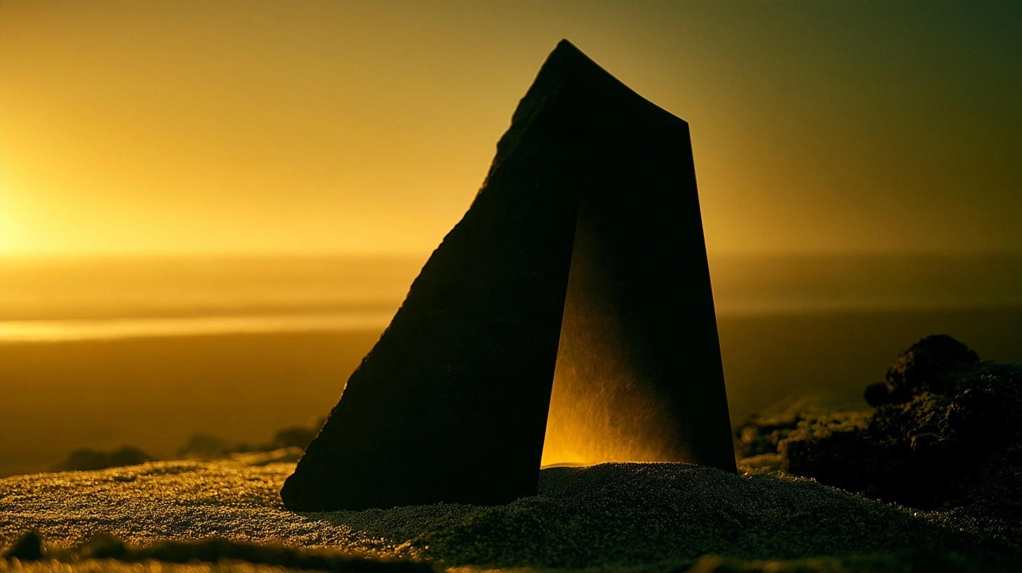A dark triangular stone structure silhouetted against a bright golden sunset in a desert landscape.