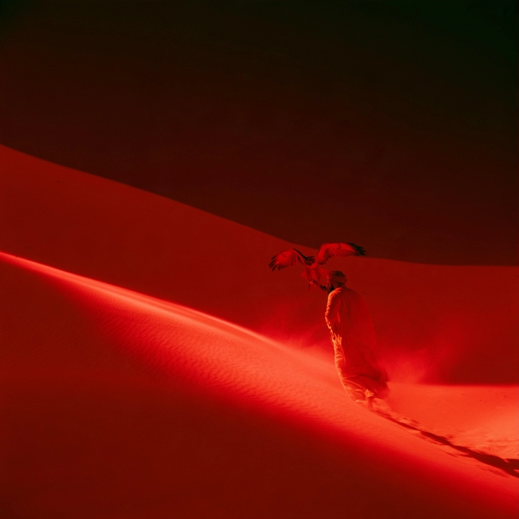 A silhouette of a person walking through glowing red sand dunes under a dark sky with a bird in flight.
