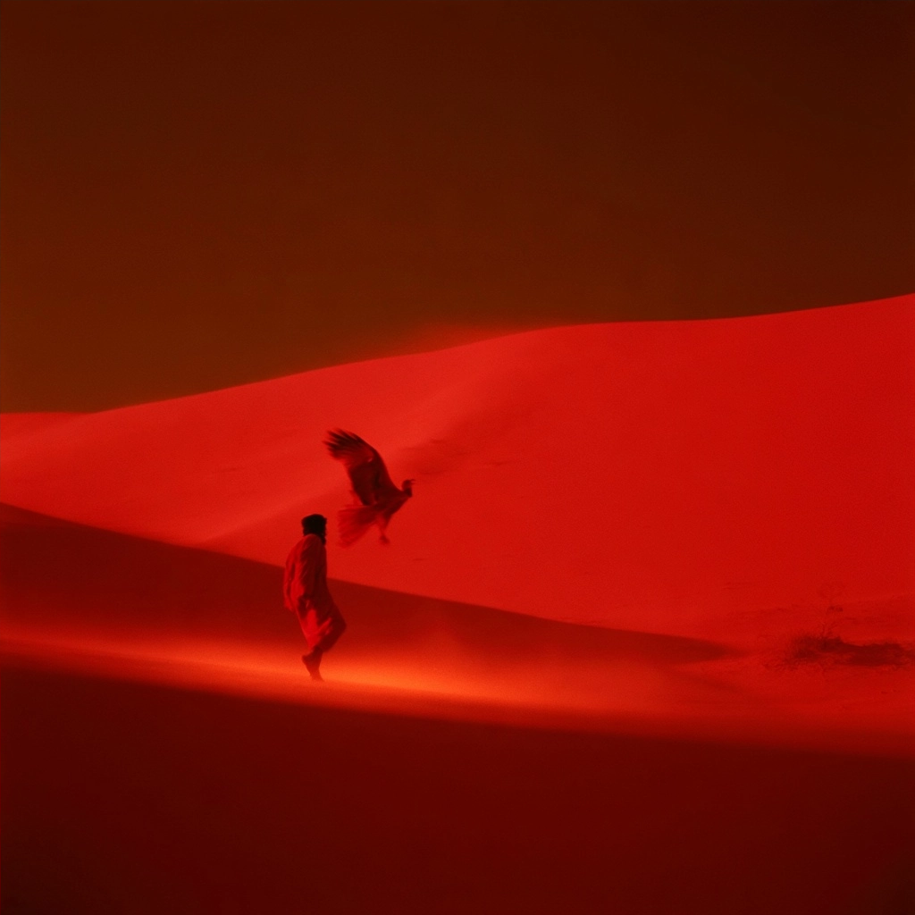 Silhouette of a person walking near a large bird on a glowing red sand dune.