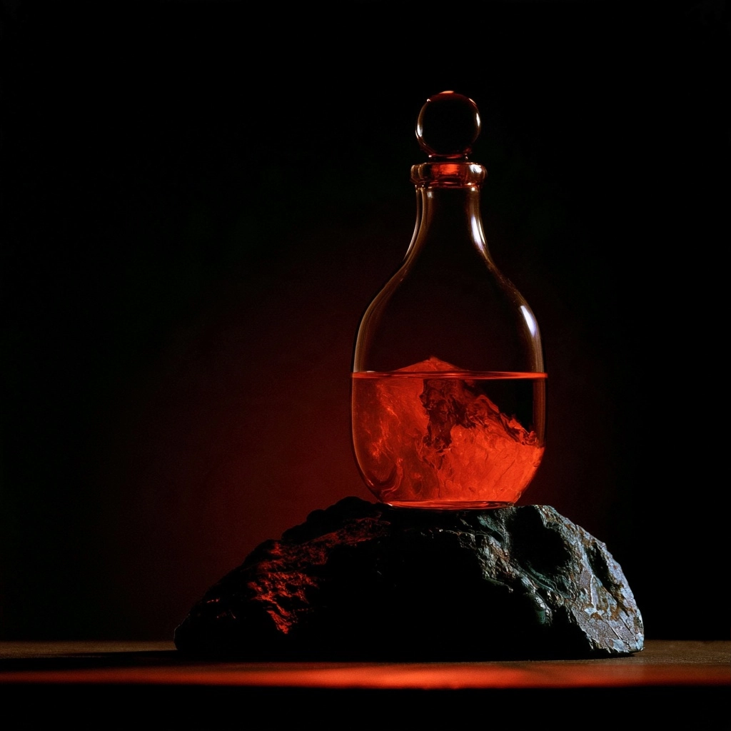 A glass bottle with red glowing liquid resting on a dark stone in a dark setting.