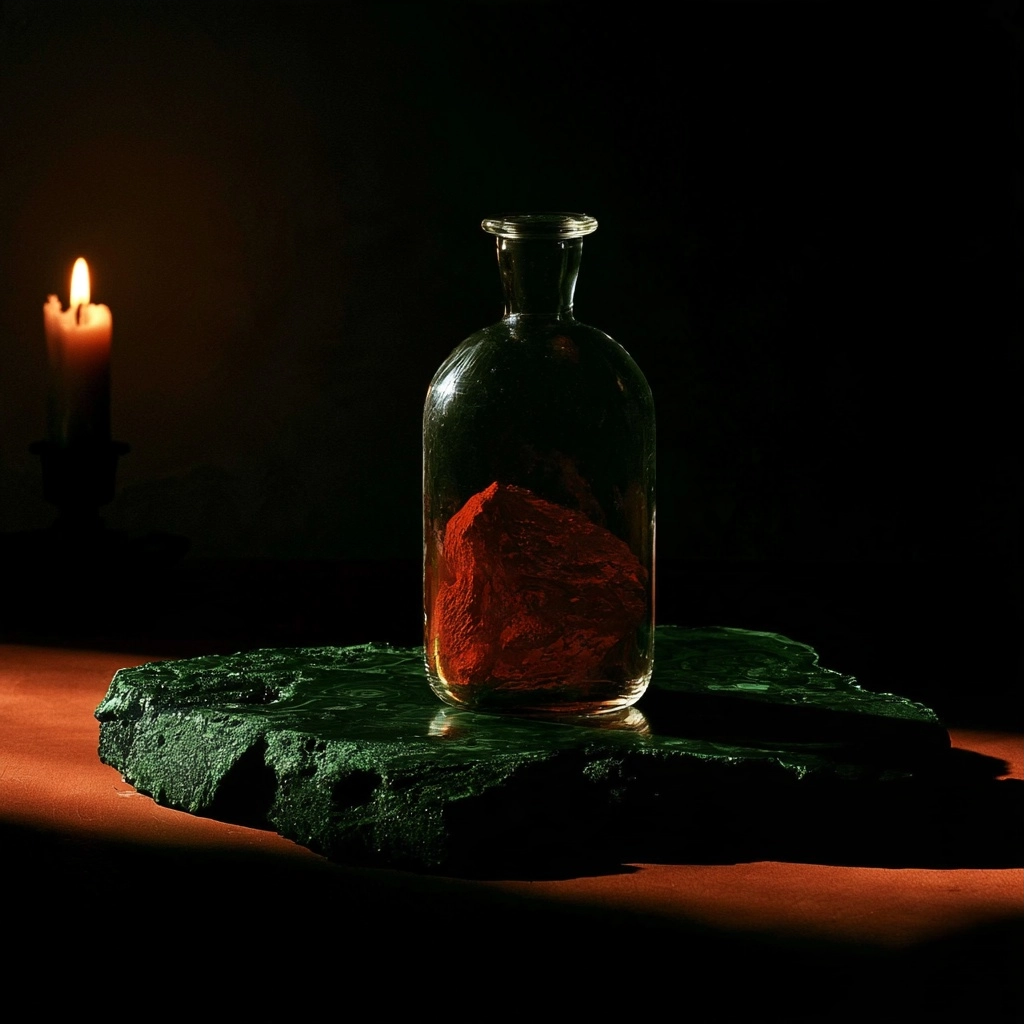 A clear glass bottle filled with red pigment resting on a dark rock by a glowing candle.
