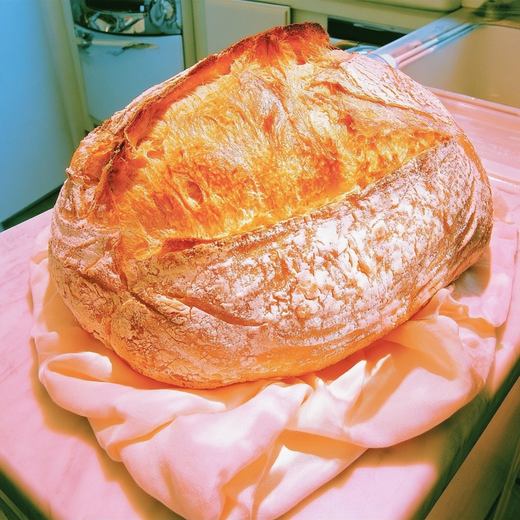 A golden-brown crusty loaf of bread resting on a soft pink fabric.