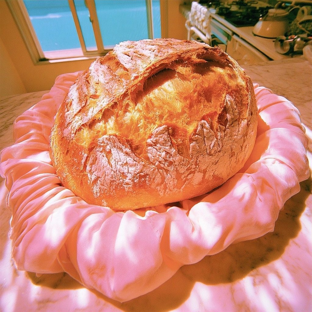 A golden-brown crusty loaf of artisan bread resting in a pink cloth-lined basket.