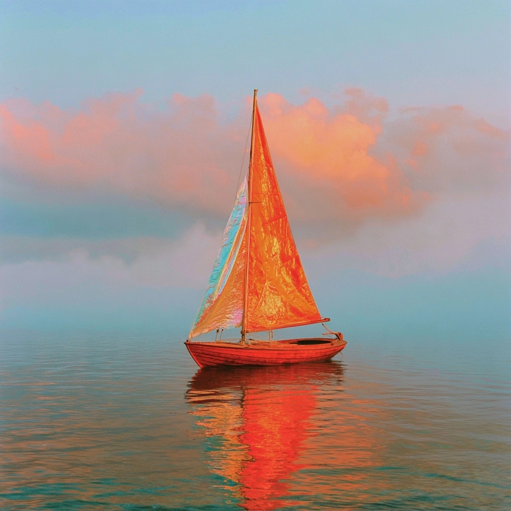 A small orange sailboat drifting on calm blue water during a colorful sunset.