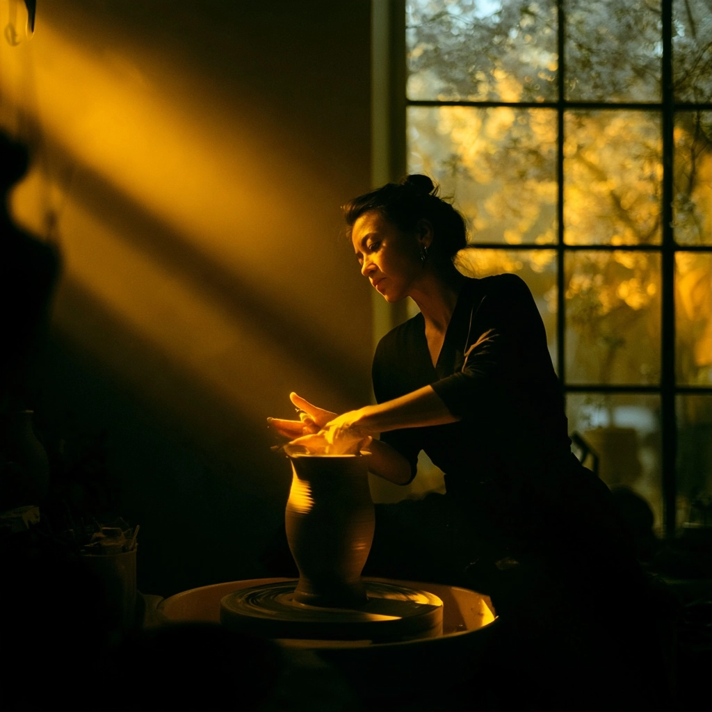 A woman silhouetted by warm sunlight shaping a clay vase on a pottery wheel.