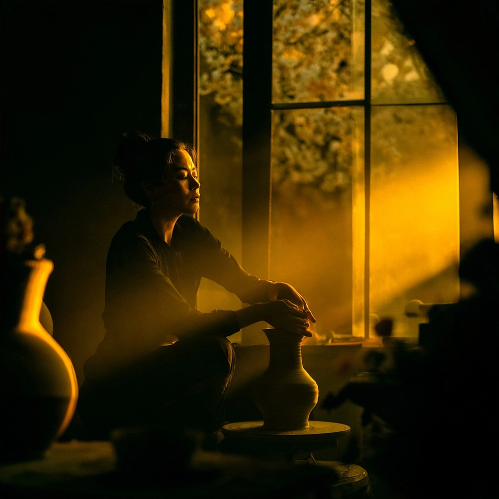 Silhouette of a woman shaping a clay vase on a pottery wheel near a sunlit window.