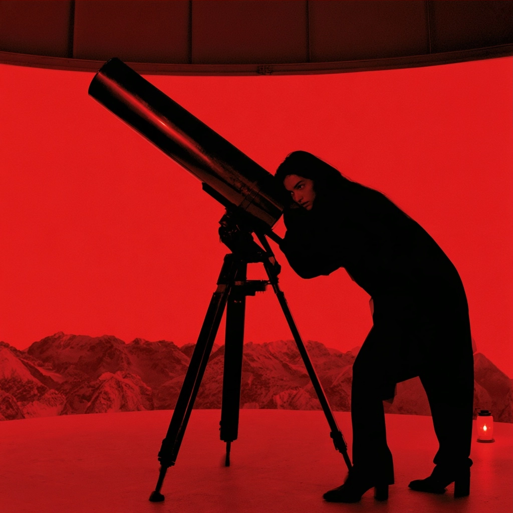 Silhouette of a person using a large telescope against a bright red sky and mountain range.