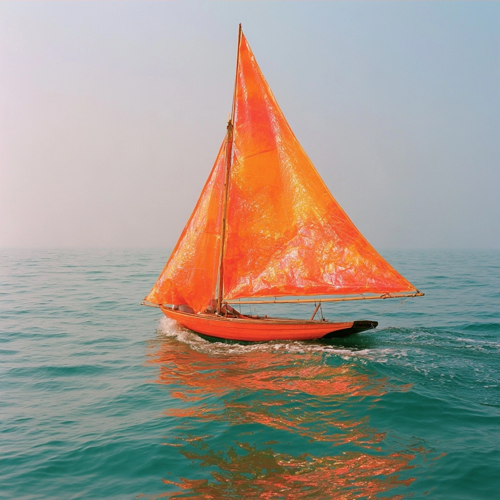 A small boat with vibrant orange sails moving through teal ocean waves.