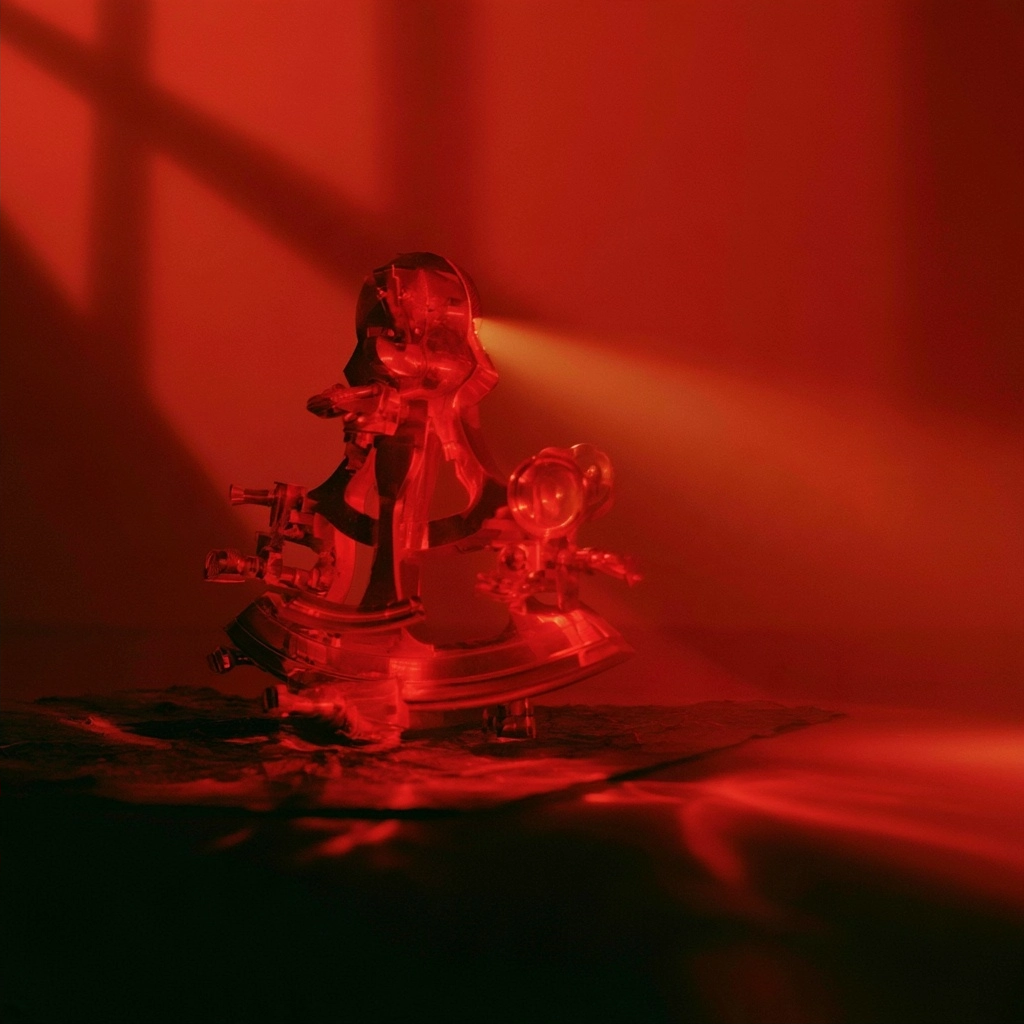 A red translucent sculpture illuminated by a single beam of light in a dark room.