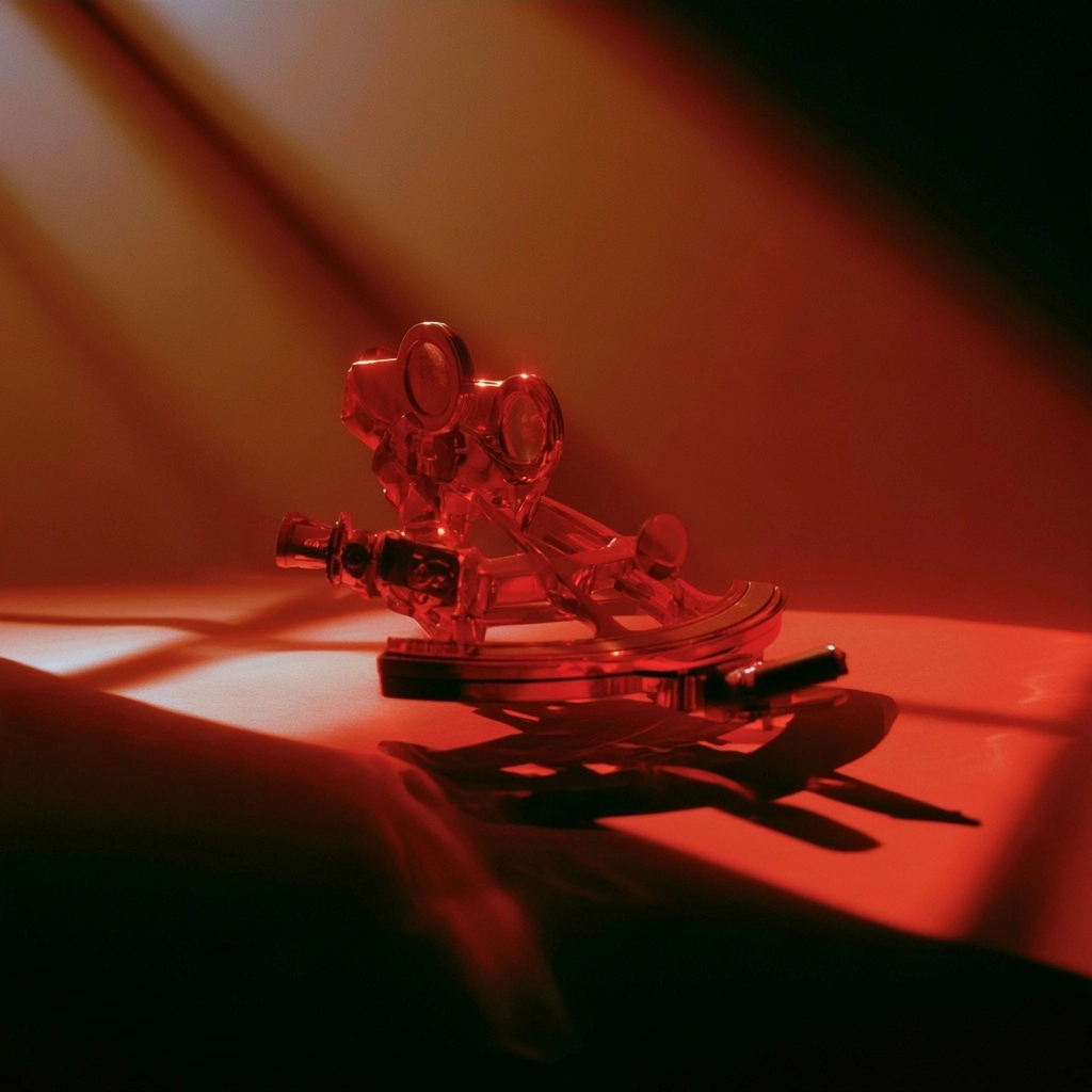 A glowing red translucent rocking horse toy casting a long shadow under a spotlight.