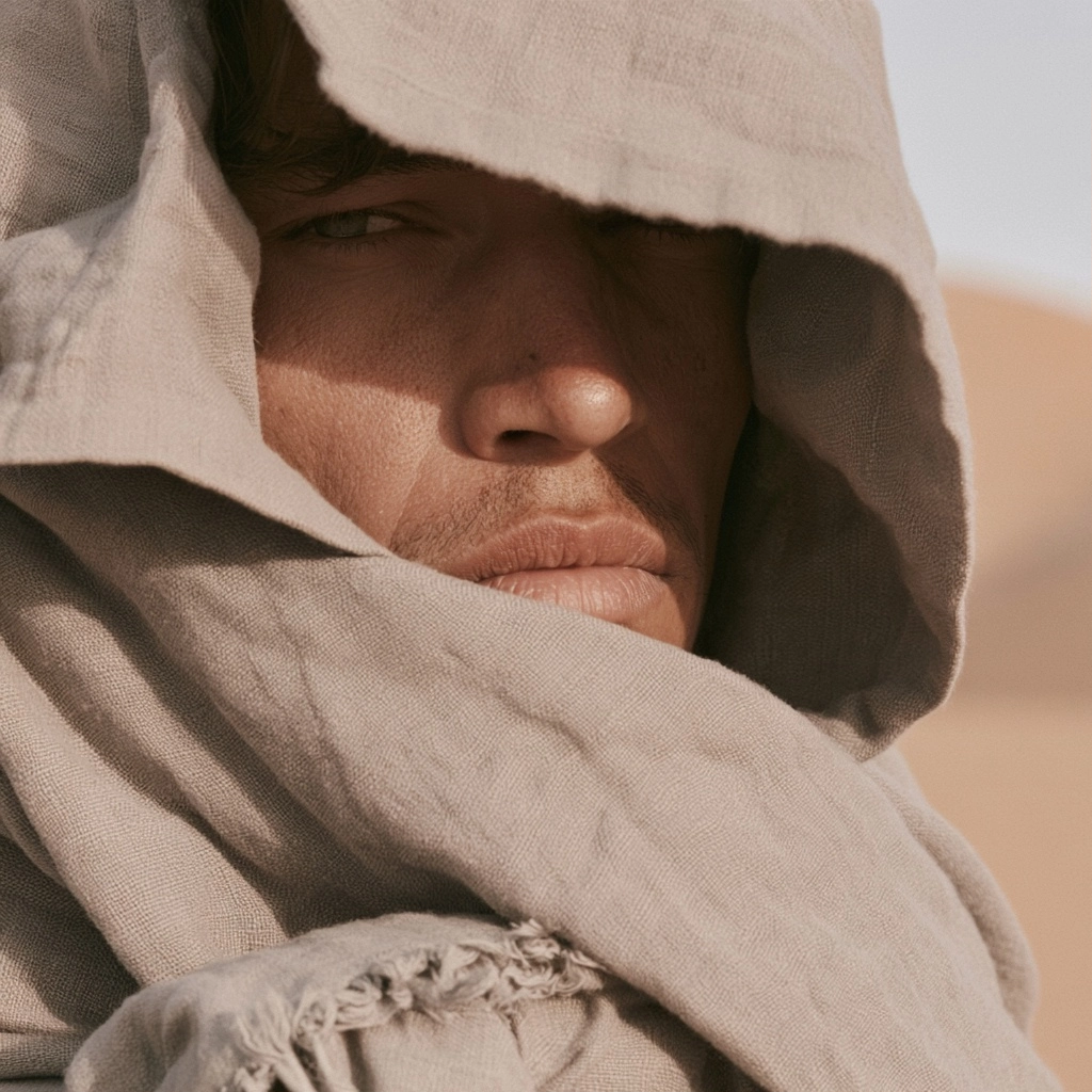 Close-up of a man's face partially obscured by a textured beige fabric wrap.