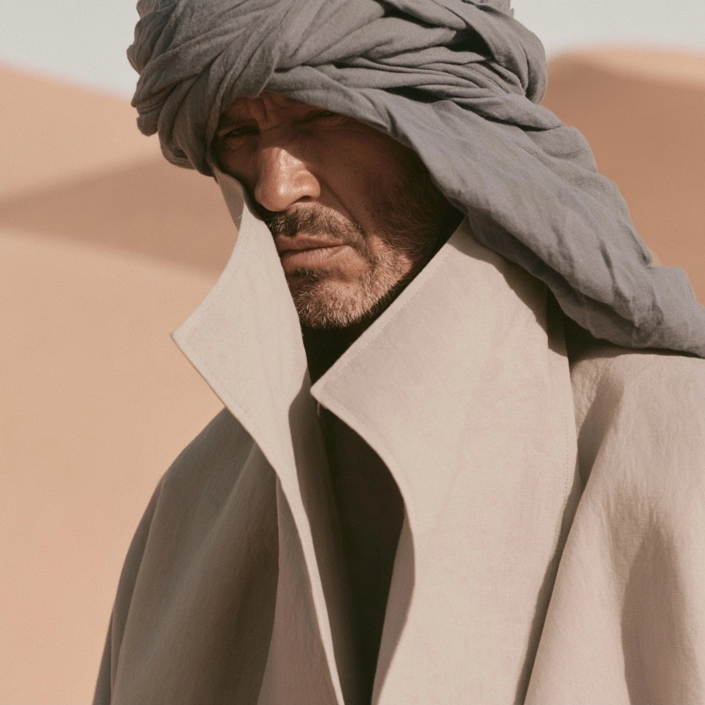 Close-up portrait of a bearded man wearing a grey turban and a high-collared tan coat in the desert.