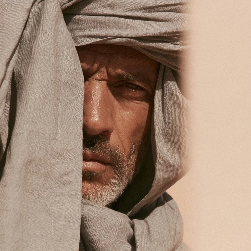 Close-up of a man's face with a grey beard peeking through a light grey cloth wrap.