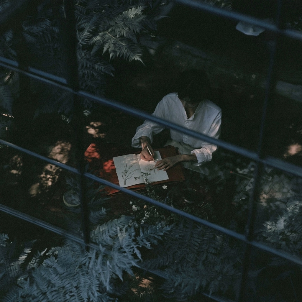 High angle view of an artist sketching botanical illustrations in a notebook amidst lush ferns.