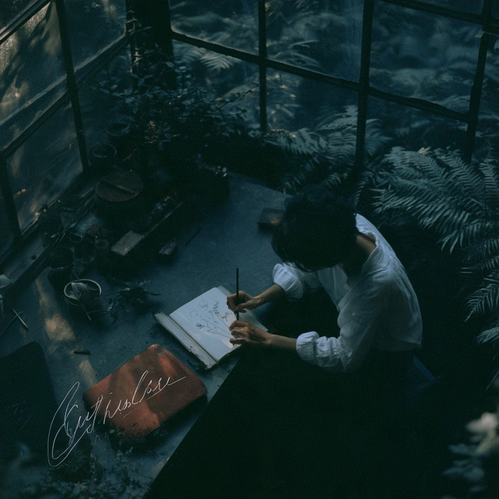 A person sitting at a desk surrounded by lush ferns and plants in a dimly lit room.