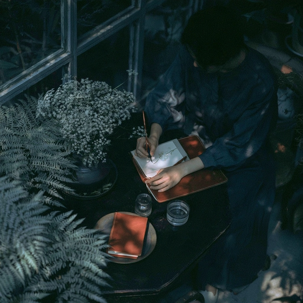 A person writing in a notebook on a dark wooden table beside a bouquet of white flowers.