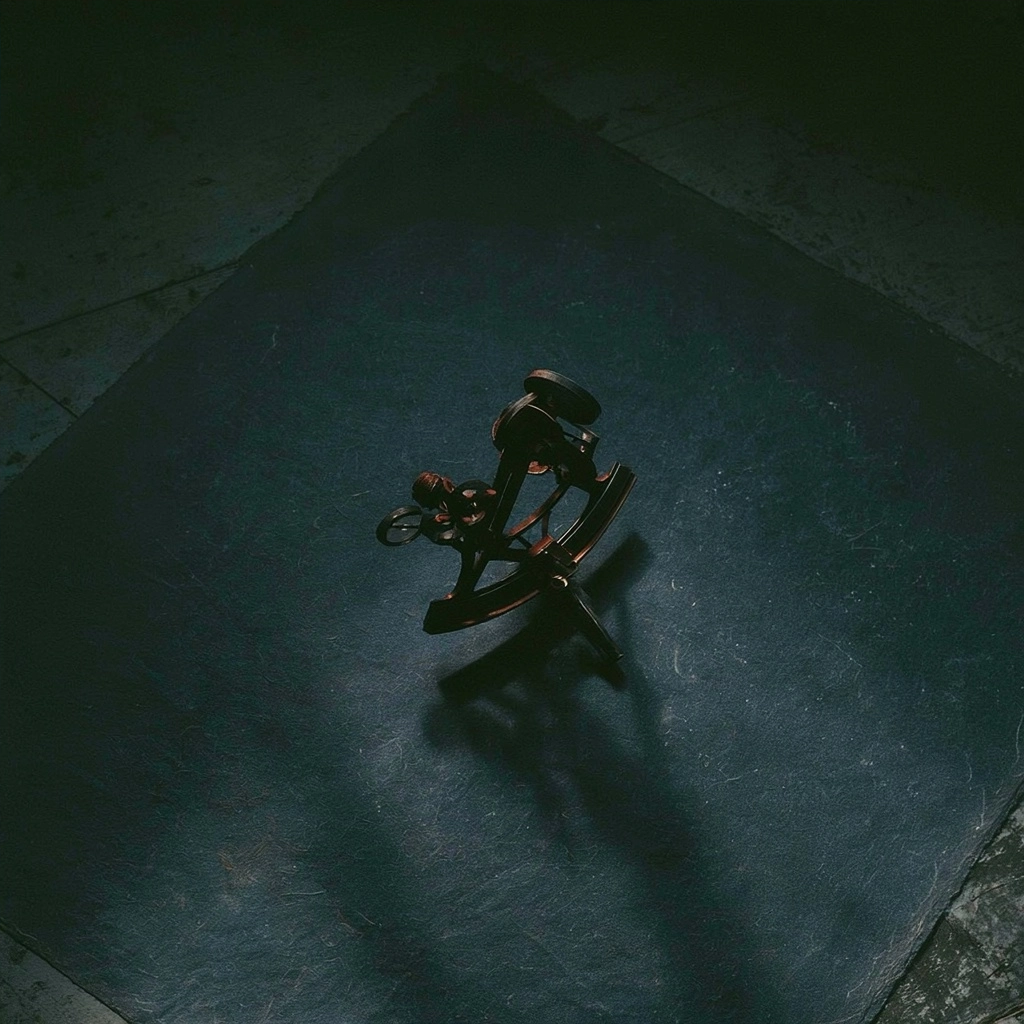A dark, abstract metal sculpture casting a long shadow on a grey slate tile.
