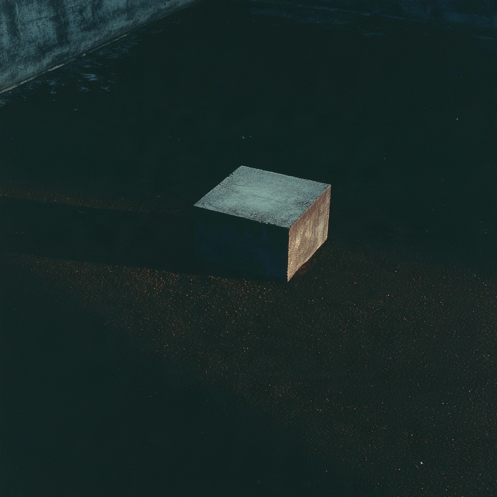 A dark geometric cube casting a long shadow on a grainy dark floor.