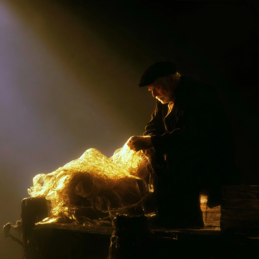 A man in profile working on a luminous, textured object under a dramatic beam of light.