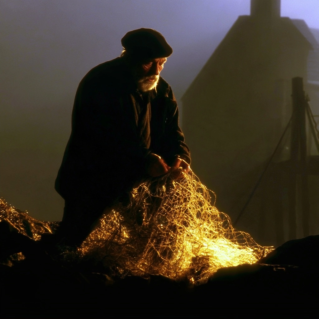A silhouette of a man handling a luminous, golden fishing net in a foggy night setting.