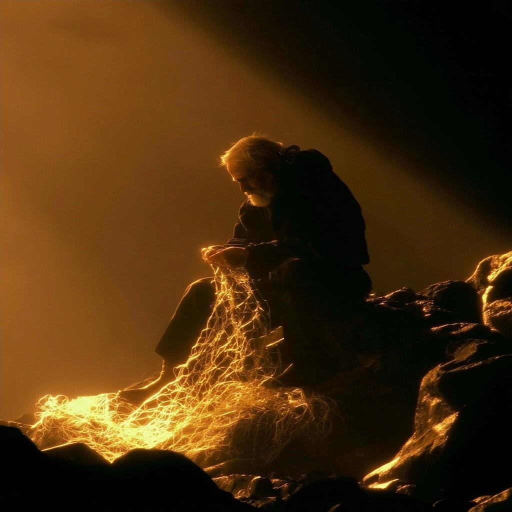 Silhouette of an old man sitting on dark rocks holding luminous, glowing golden tangled fibers.