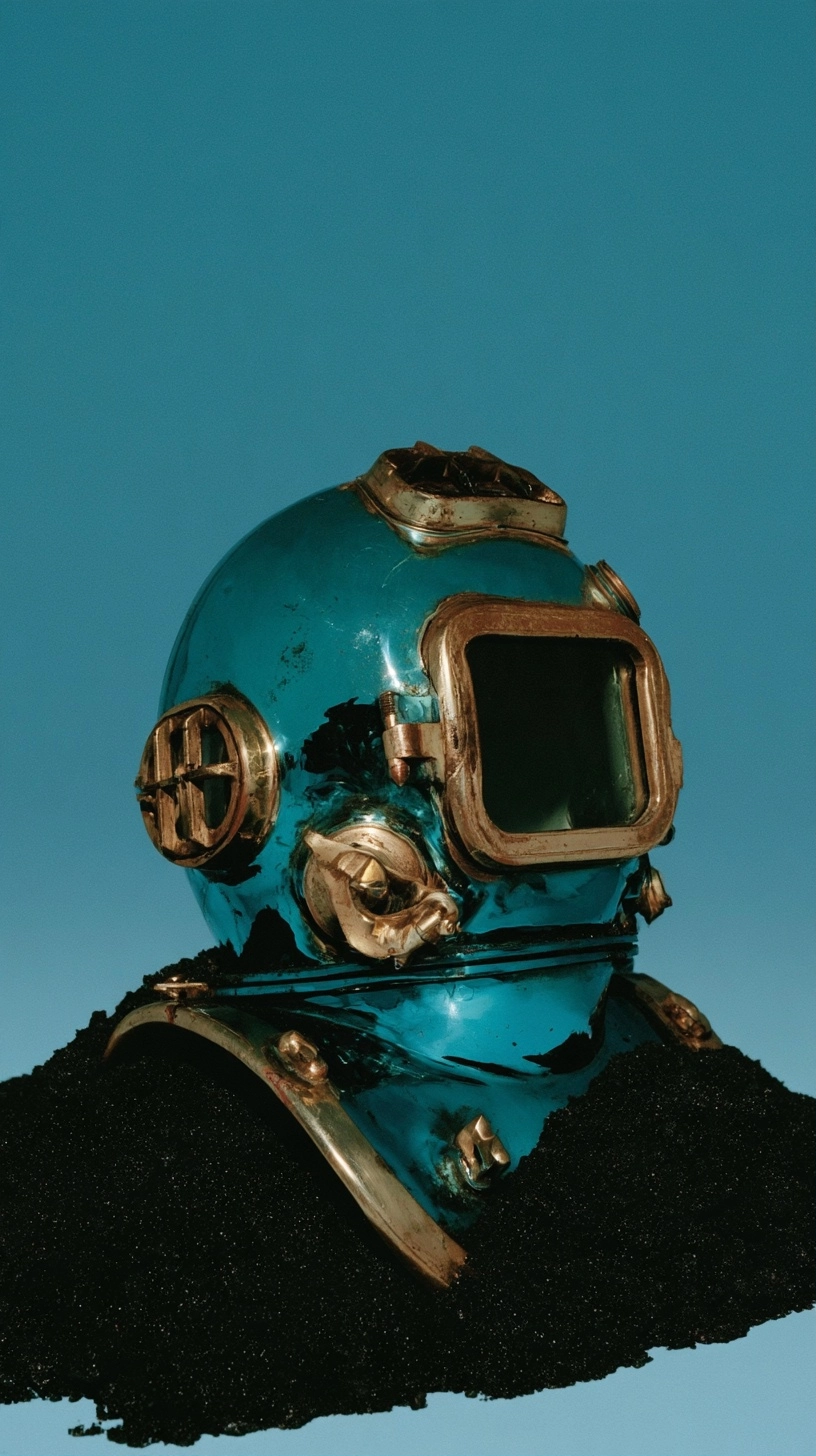 A weathered teal antique diving helmet resting on black sand against a blue backdrop.