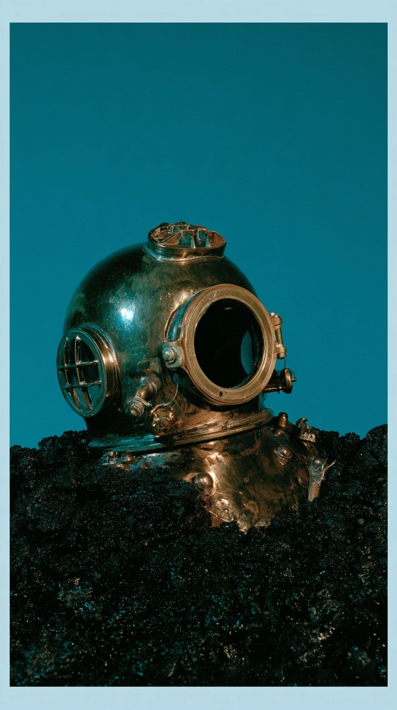 A polished antique brass diving helmet resting on a pile of black coal against a solid teal backdrop.