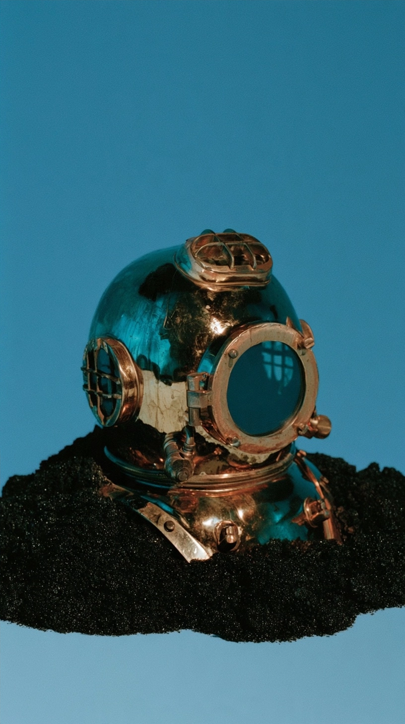 A polished antique brass diving helmet resting on dark volcanic sand under a blue sky.
