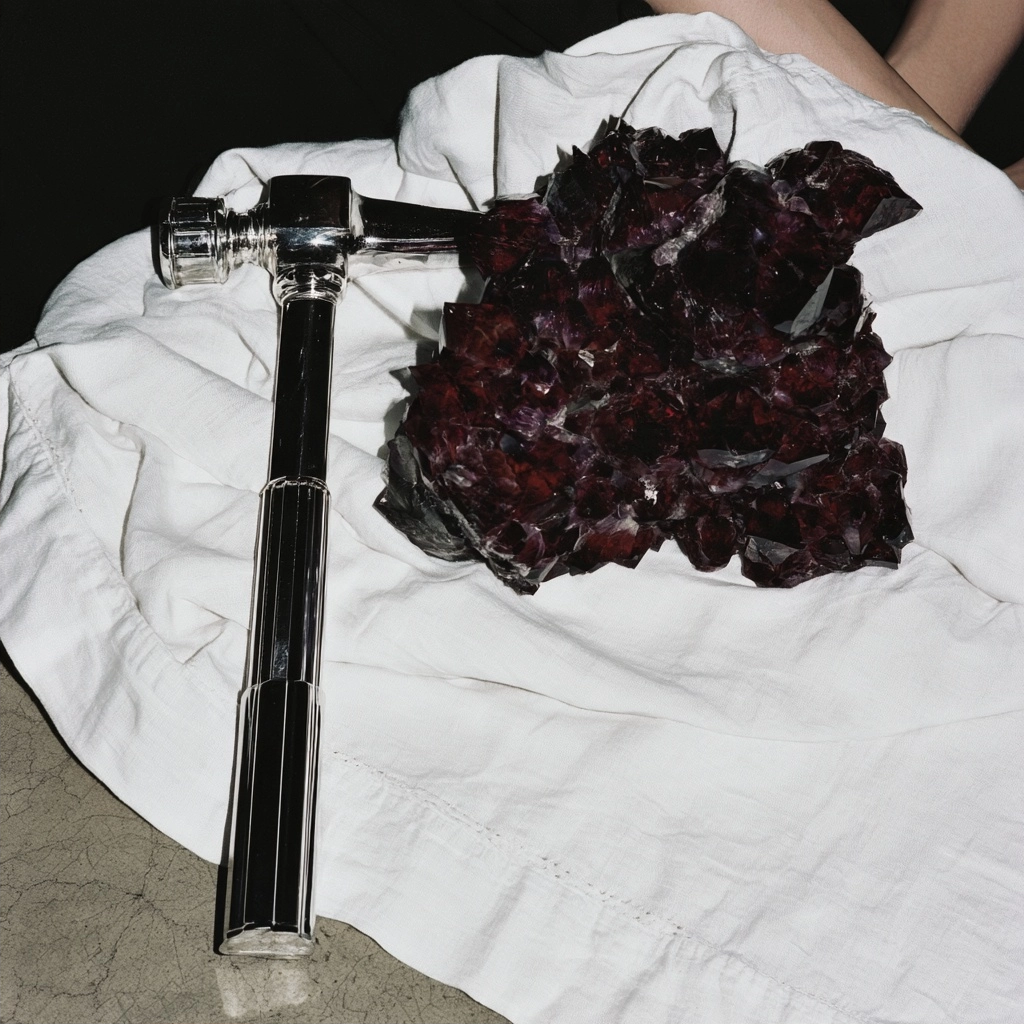 A shiny metallic hammer and a jagged dark purple crystal on a white fabric background.