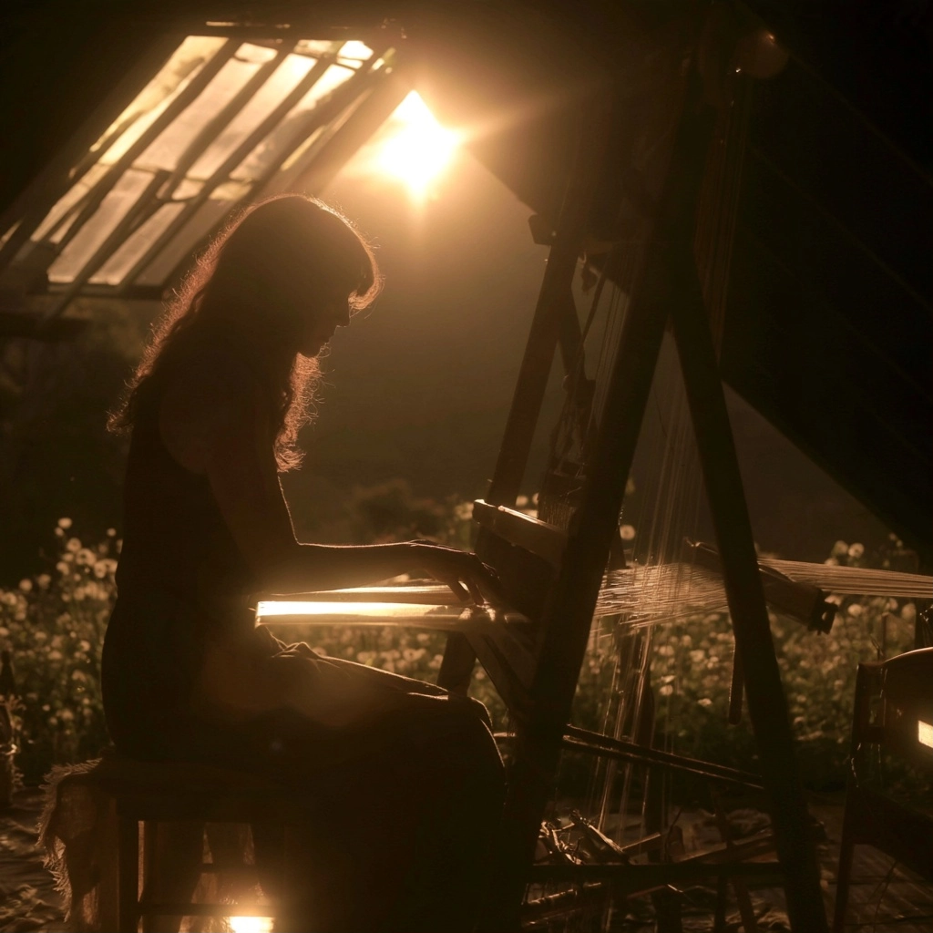 Silhouette of a woman working on a traditional weaving loom against a bright sunset light.