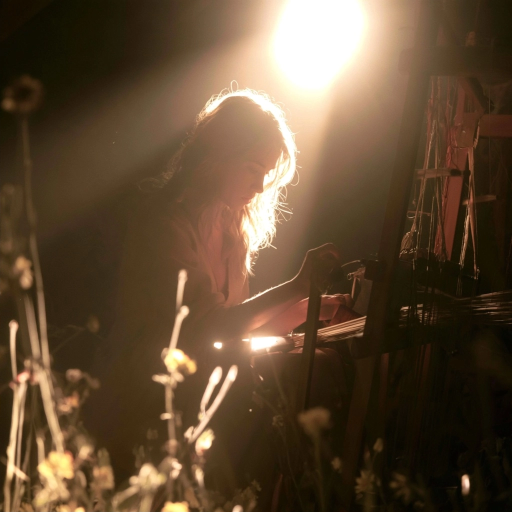 Silhouette of a woman working on a traditional weaving loom under a warm, bright light.