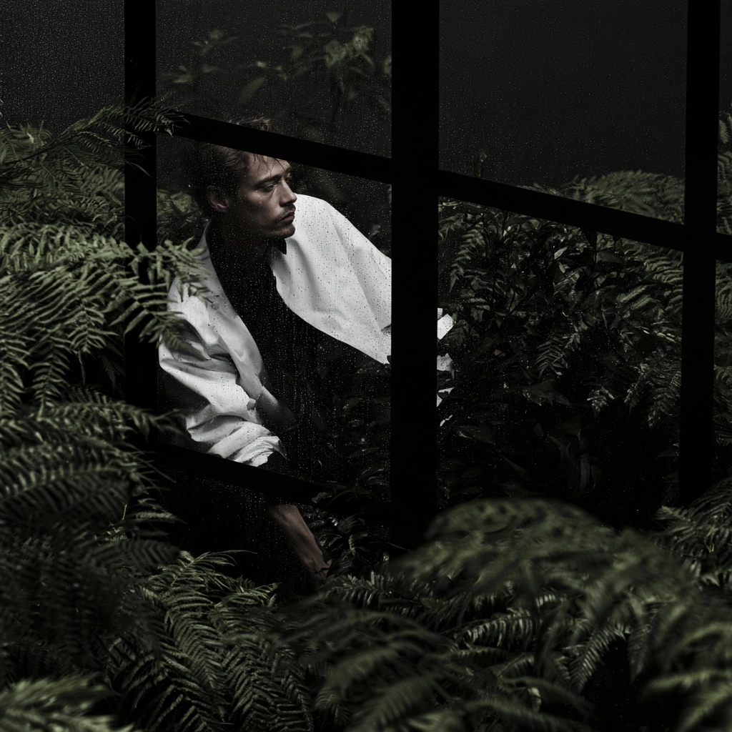 A man wearing a white shirt looking sideways while surrounded by lush fern leaves behind a window.