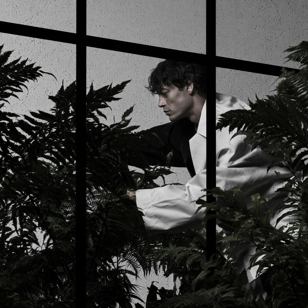 Side profile of a man in a white shirt looking through dark fern leaves behind a window pane.