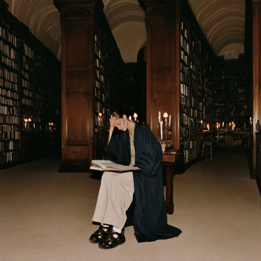 A person sitting on a library floor reading a large open book amidst tall wooden bookshelves.