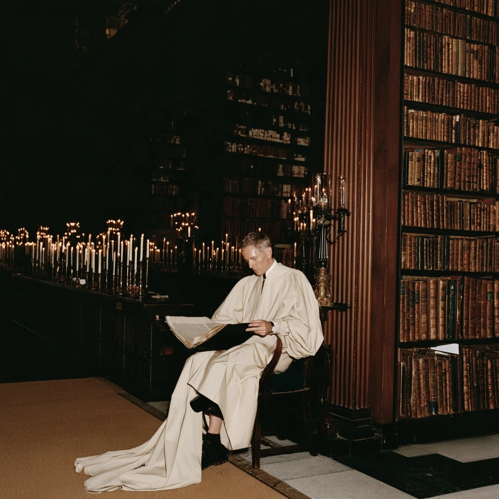A man wearing a flowing white garment reads an open book in a dimly lit, classical library with many candles.