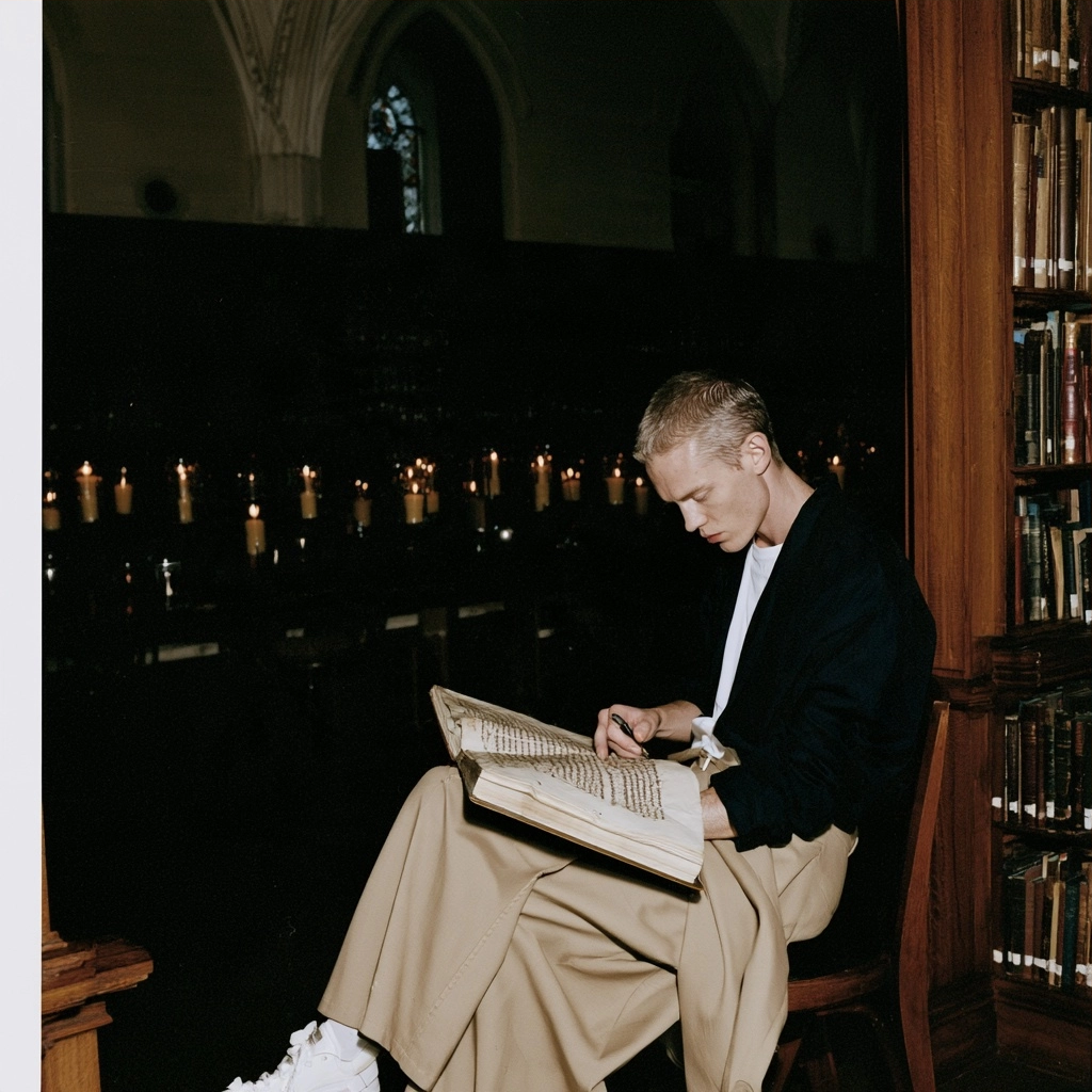 A man in a dark blazer and tan trousers reading a large book in a dark library.