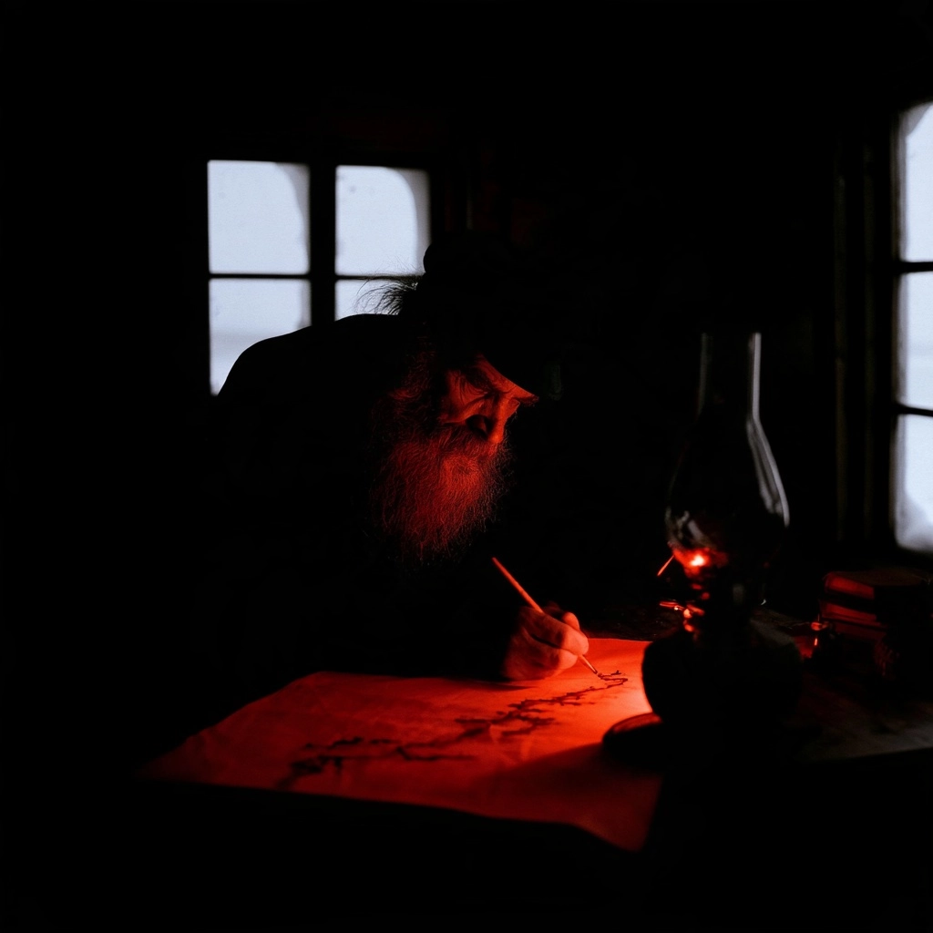 A bearded man writing on paper in a dark room lit by a red glow.