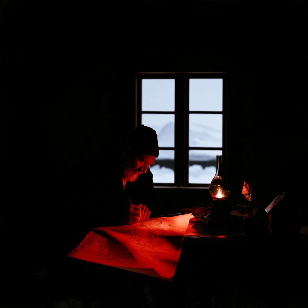 A silhouette of a person studying a map under a warm red light in a dark room.