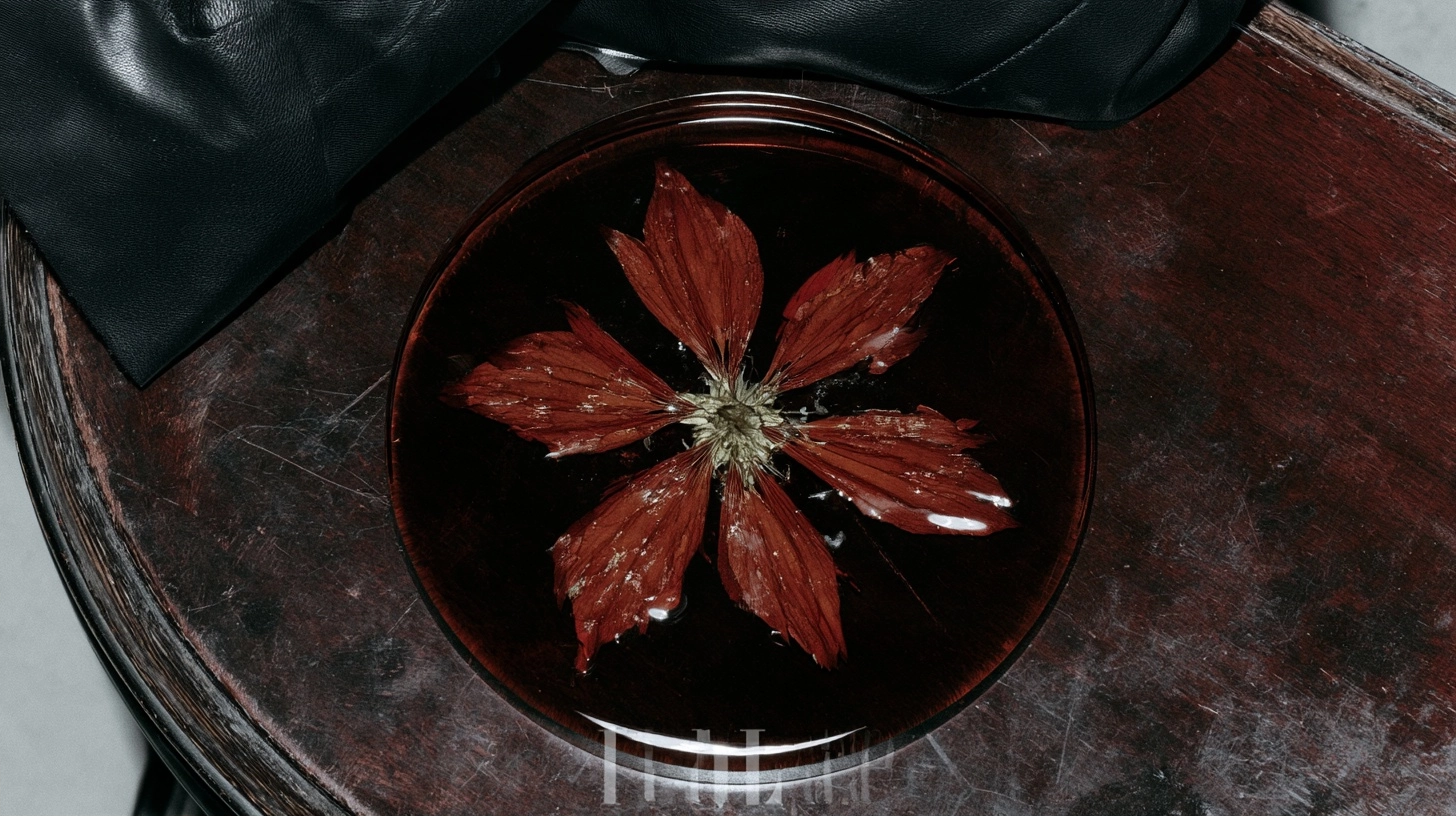 A deep red flower floating in a dark liquid inside a glass bowl on a dark wood table.