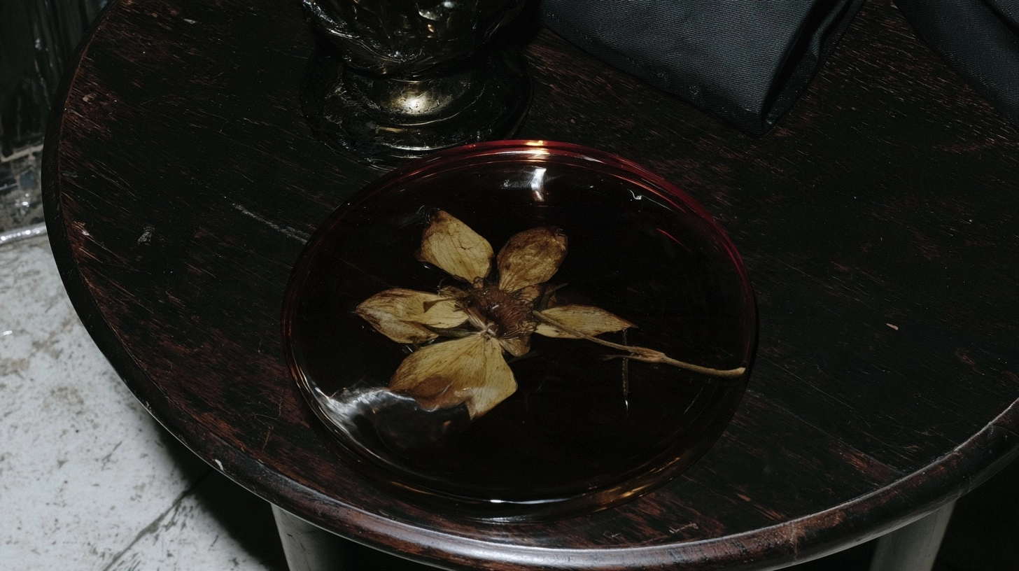 A single withered brown flower lying in a translucent dark red glass bowl on a dark wood surface.