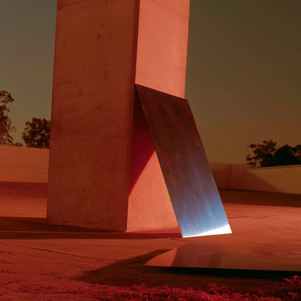 A tall concrete monolith paired with a reflective metal slab in a red-hued outdoor setting.